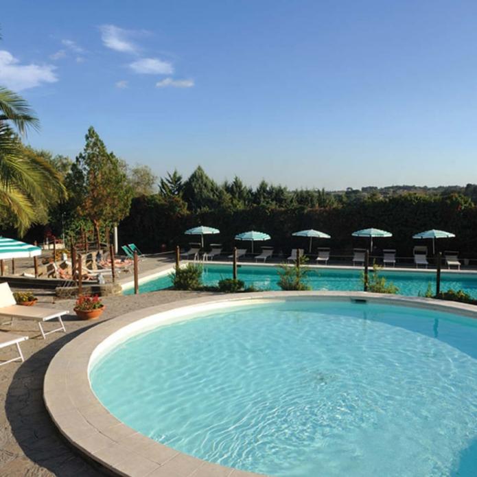 Piscina all'aperto con lettini, ombrelloni e palme, ideale per il relax estivo.